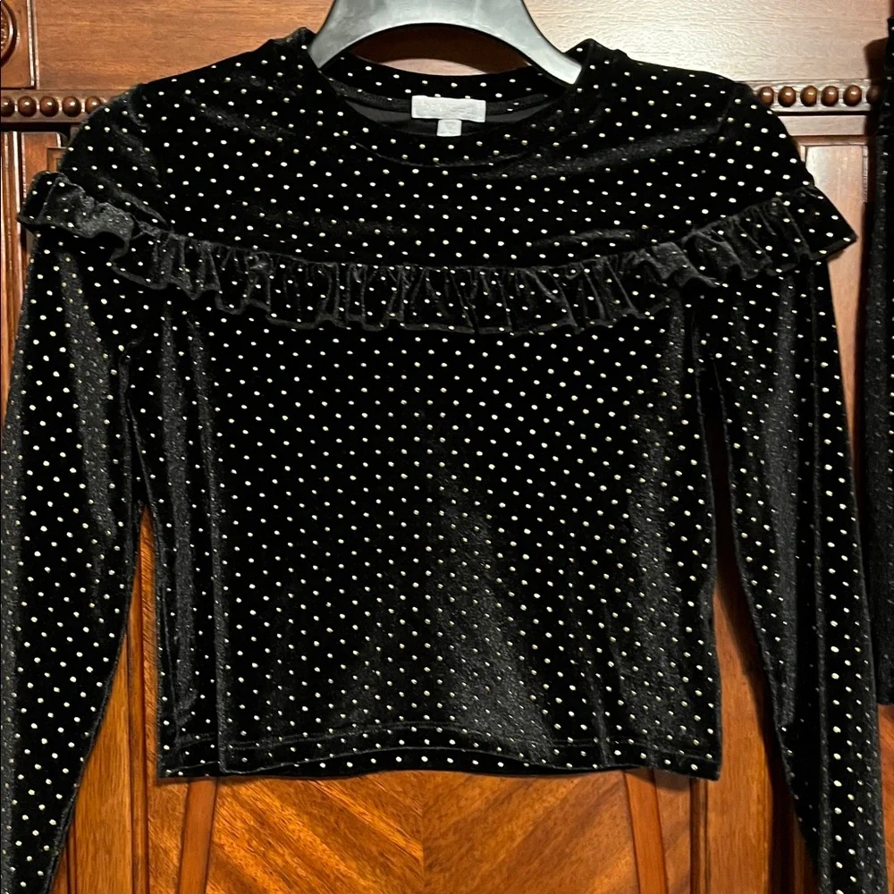 btween Black ‘Velvet Like’ Girl’s Skirt Set with Gold Polka Dots